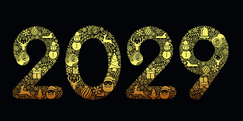 2029 Happy New Year in golden design, Holiday greeting card design.