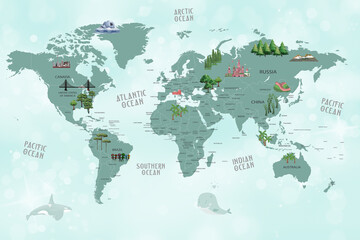 Animals world map for kids wallpaper design
