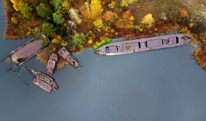 Sunken barges in the Pripyat river, Chernobyl exclusion zone, Ukraine