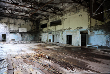 Sports complex in the abandoned city of Pripyat, after the accident at the Chernobyl nuclear power plant. Pripyat, Ukraine