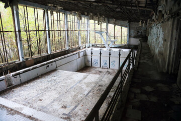 Sports complex in the abandoned city of Pripyat, after the accident at the Chernobyl nuclear power...