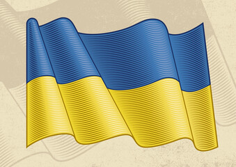 Vintage Flag Of Ukraine. Editable EPS8 vector illustration with clipping mask in woodcut style.