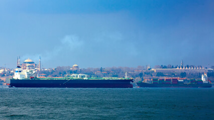 Huge crude oil tanker in Bosphorus Strait, Istanbul, Turkey