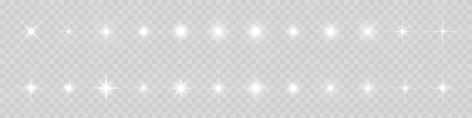 Star light and shine glow, vector sparks and bright sparkles effect on transparent background. Stars flare and starlight flash shine, magic glitter and twinkling stars - obrazy, fototapety, plakaty