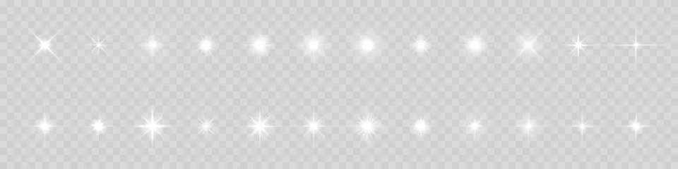 Fototapeten Sternlicht und Glanz leuchten, Vektorfunken und helle Funken wirken auf transparentem Hintergrund. Sterne flackern und Sternenlicht blitzen, magischer Glitzer und funkelnde Sterne © Ron Dale