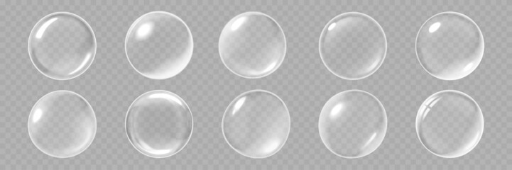 Bubbles, realistic 3d soap bubble isolate on vector transparent background. Abstract soap foam or glass bubbles with glossy light - obrazy, fototapety, plakaty