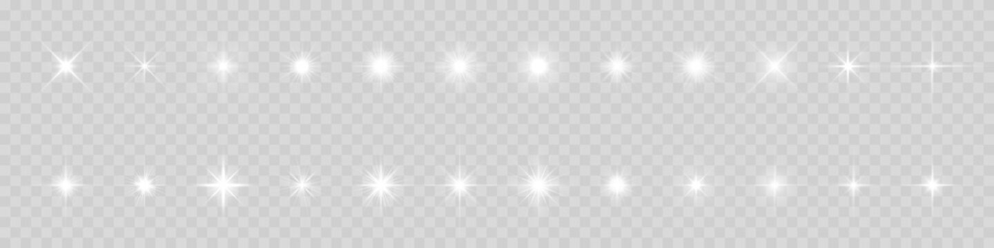 Star light and shine glow, vector sparks and bright sparkles effect on transparent background. Stars flare and starlight flash shine, magic glitter and twinkling stars