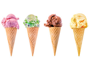 Row of Strawberry, Mint, Chocolate and Vanilla ice cream sugar cones on a white background with...