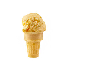 Vanilla ice cream cone on a white background with copy space.