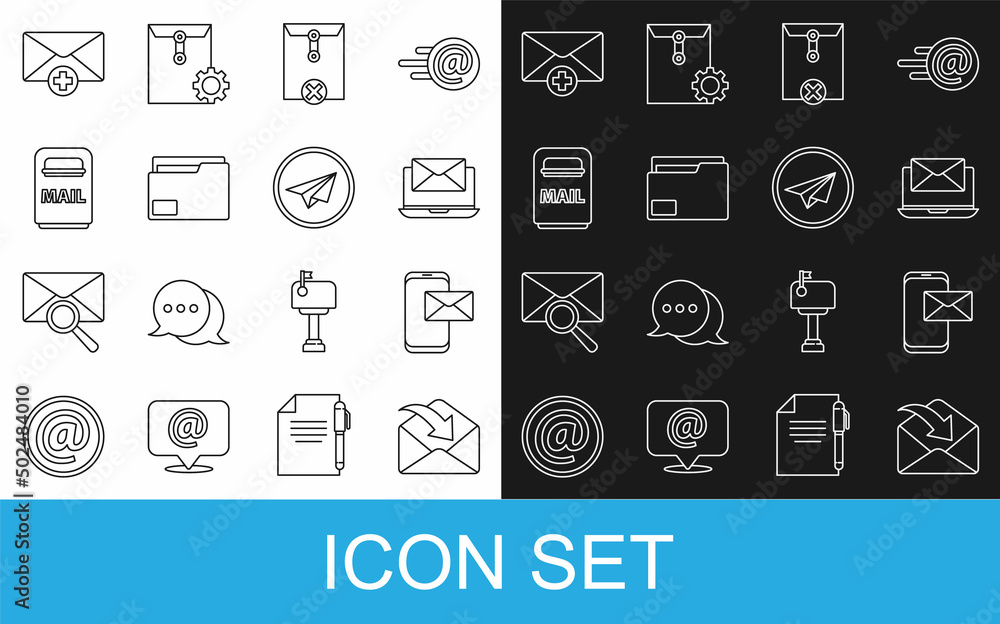 Poster set line envelope, mobile and envelope, laptop with, delete, document folder, mail box, received mes