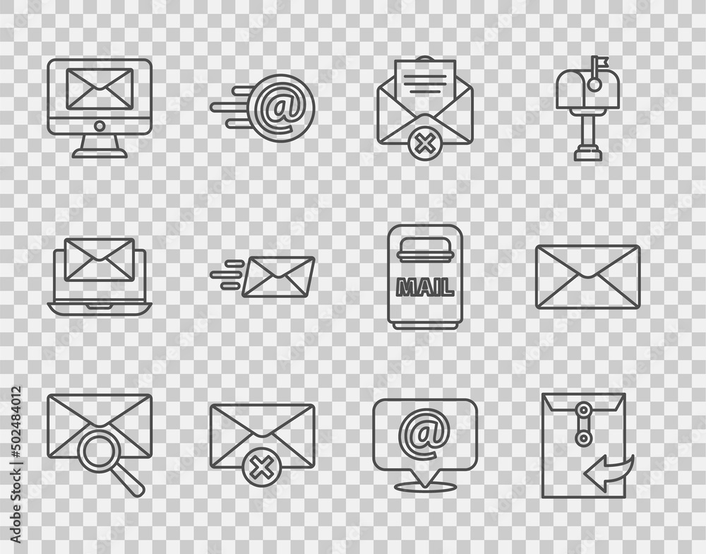 Poster set line envelope with magnifying glass, delete envelope, monitor and, express, mail e-mail speech b