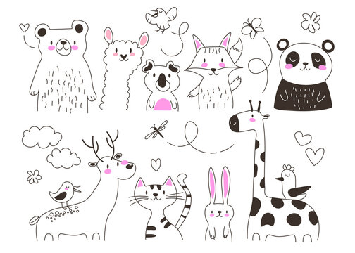 Wild animals cartoon wild fauna isolated set. Black and white graphic vector illustration in the line style EPS