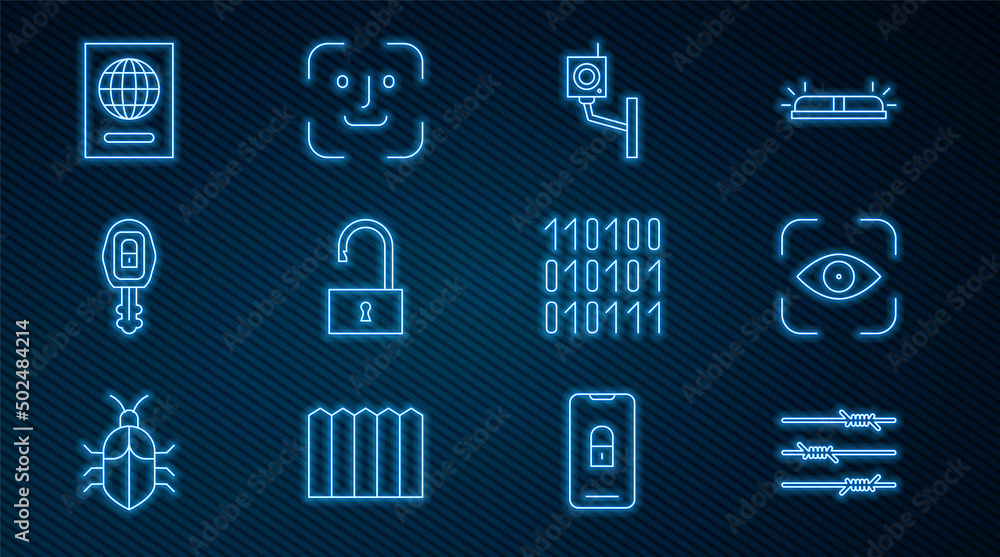 Poster set line barbed wire, eye scan, security camera, open padlock, car key with remote, passport, binary