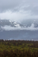 View of the mountains in the clouds. There is snow in the distance on the slopes of the mountains. Poor visibility in cloudy weather. Natural background. Magadan Region, Siberia, Far East Of Russia.