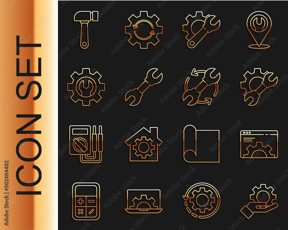 Poster set line settings in the hand, browser setting, wrench spanner gear, hammer and arrows as workflow i