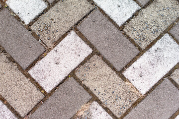 Closeup of sidewalk paved with rectangular white and gray tiles in top view