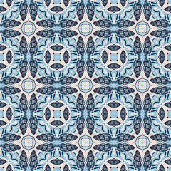 Indigo blue red batik geo nautical seamless pattern. Modern marin geometric kaleidoscope sailor print. Nantucket fabric textile style. Summer rustic masculine worn linen effect maritime decor. 