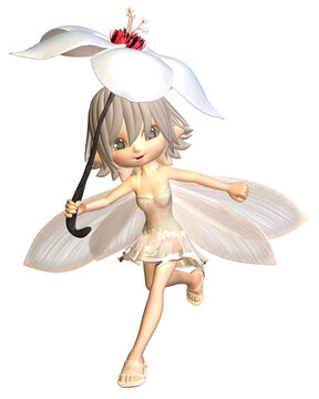 Cute Toon Umbrella Fairy in White, 3d digitally rendered fantasy illustration