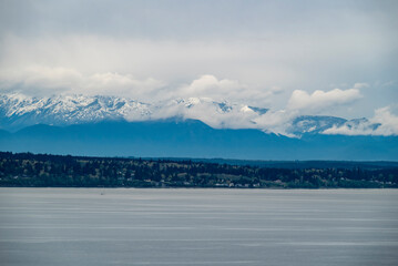 Olympic Mountains and Puget Sound on cloudy day