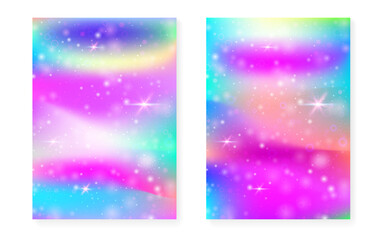 Fototapeta na wymiar Unicorn background with kawaii magic gradient. Princess rainbow hologram.