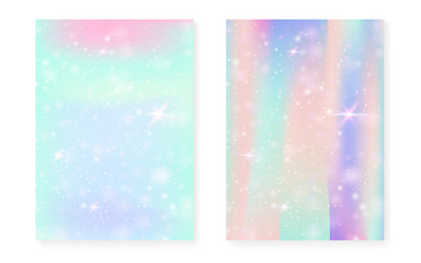 Kawaii background with rainbow princess gradient. Magic unicorn hologram.