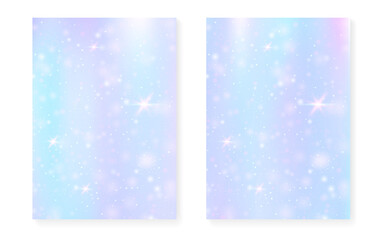 Kawaii background with rainbow princess gradient. Magic unicorn hologram.