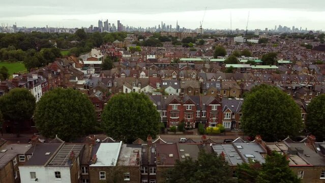 Drone footage along Balham Hill. In the background, a variety of buildings.