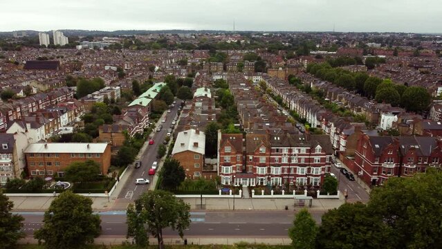 Drone view of beautiful streets in Balham, South London.