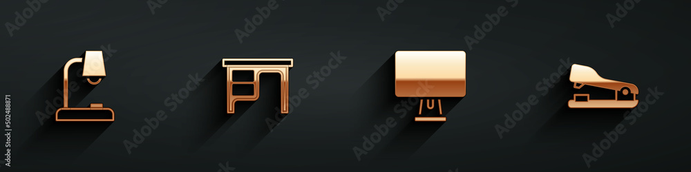 Aufkleber set table lamp, office desk, computer monitor and stapler icon with long shadow. vector