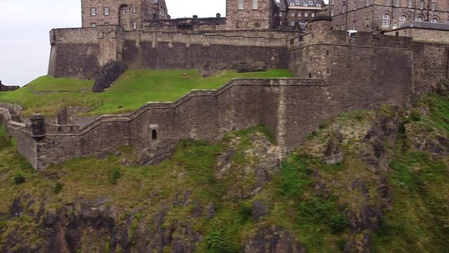 A drone view of the impregnable walls of Edinburgh Castle.