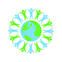 Illustration of diverse people hand in hand surrounding the world in a symbol of unity