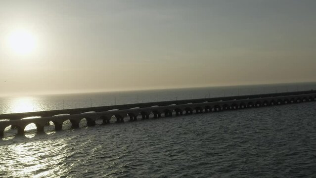 Aerial view of iconic bridge over the ocean in Puerto Progreso, Yucatan 