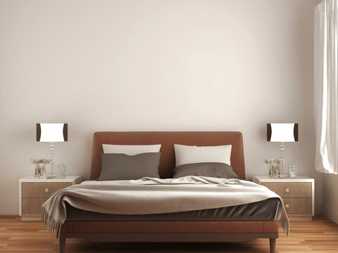 Bedroom interior with bed and table lamp. 3d rendering. 3d illustration