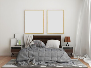 Bedroom interior mockup with 2 blank frame, 1 small frame. 3d rendering. 3d illustration