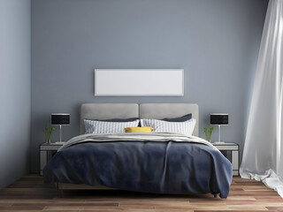 Bedroom interior mockup gray painted wall and long blank frame. 3d rendering. 3d illustration