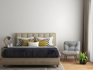 Scandinavian bedroom interior mockup with yellow, white, blue pillows. 3d rendering. 3d illustration