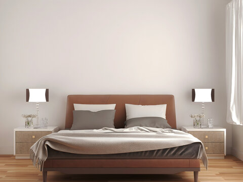 Bedroom interior mockup with brown bed . 3d rendering. 3d illustration