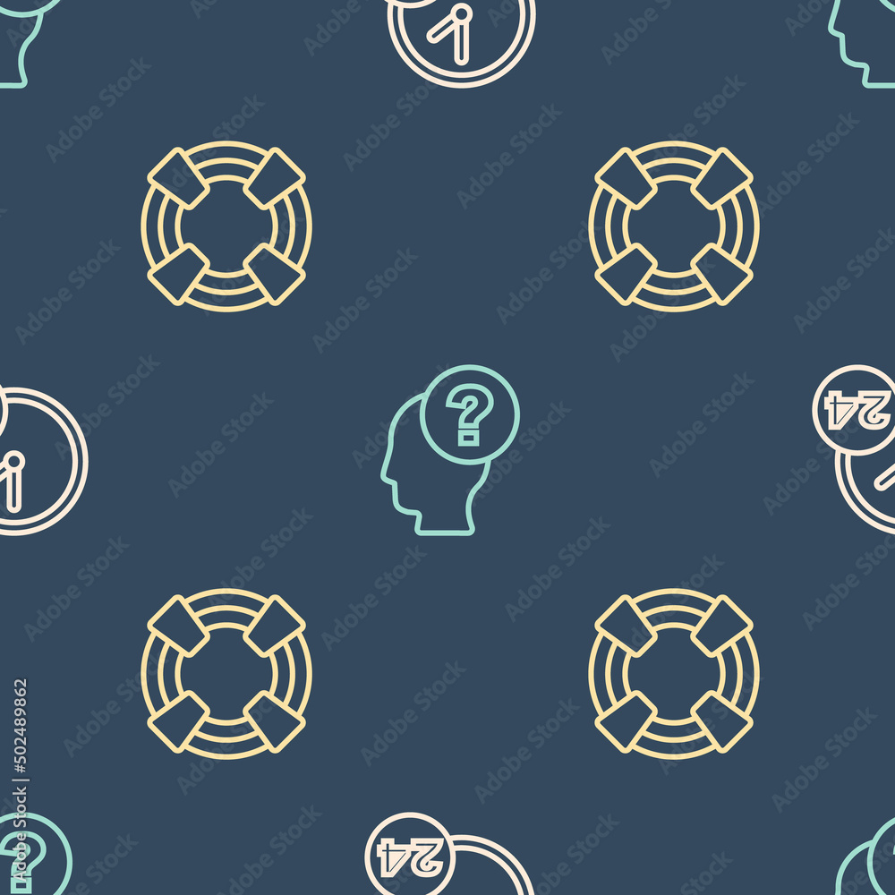 Poster set line clock 24 hours, lifebuoy and head with question mark on seamless pattern. vector