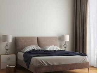 Bedroom interior mockup with navy blanket. 3d rendering. 3d illustration