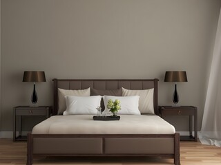 Bedroom interior mockup with khaki wall and brown furniture. 3d rendering. 3d illustration