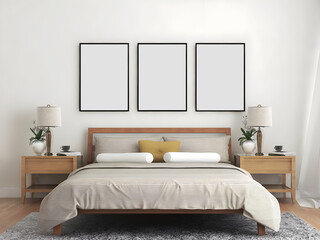 Bedroom interior mockup with 3 blank frame. 3d rendering. 3d illustration