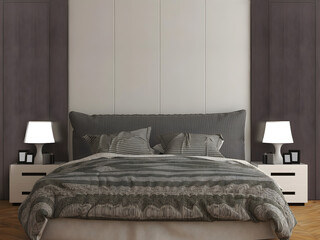 Luxury modern gray bedroom interior mockup. 3d rendering. 3d illustration