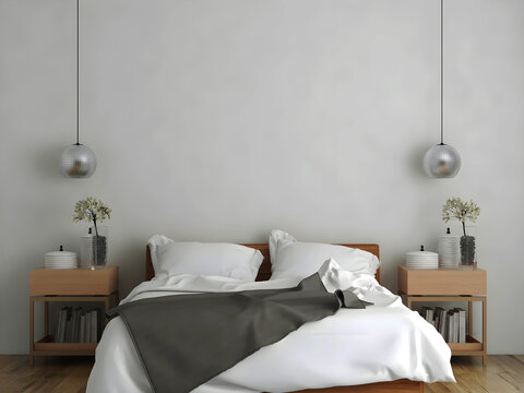Simple white and wooden bedroom interior mockup with hanging lamp. 3d rendering. 3d illustration