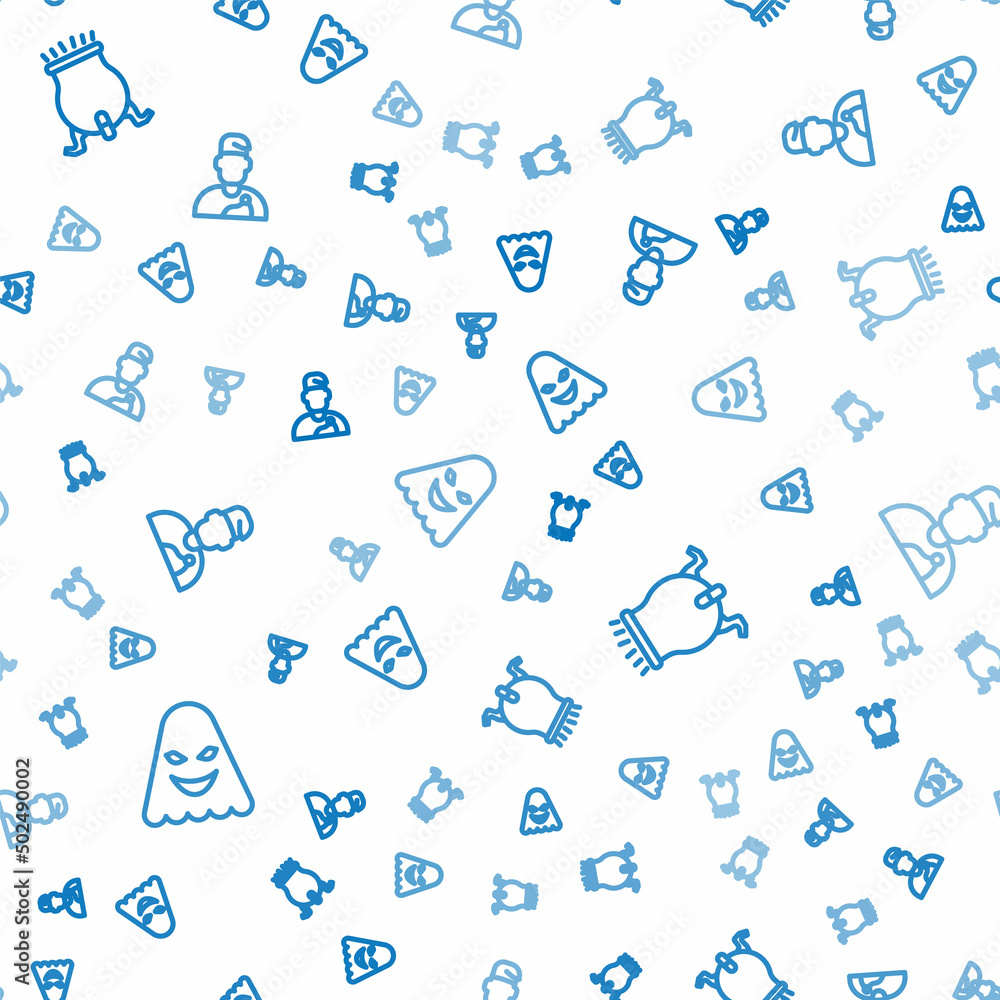 Poster set line ghost, witch cauldron and wizard warlock on seamless pattern. vector