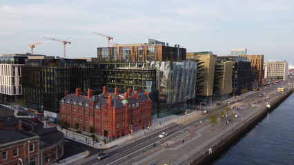 Modern Docklands district in Dublin - aerial view by drone