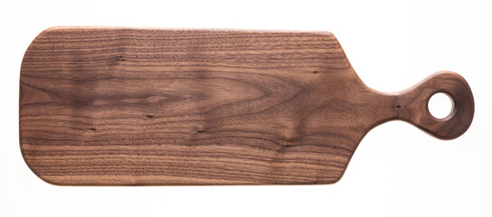 Chopping board isolated on white. Handmade long walnut wood chopping board. Long wooden pallets.