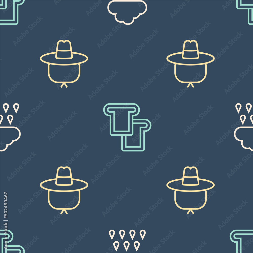 Poster set line cloud with rain, camping hat and bread toast on seamless pattern. vector