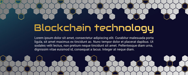 Blockchain technology concept, cryptocurrency. Working with tokens on the Internet, security. Futuristic background with elements in techno style microchips. Design banner template for web. Copyspace.