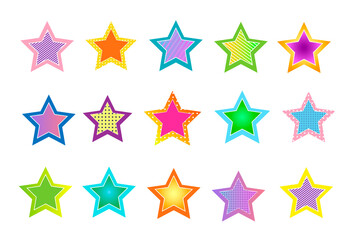 A set of colorful stars. Vector drawing. For packaging, stationery, fabrics and prints, covers and brochures, holiday decoration, stickers.