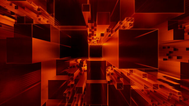 Artificial Intelligence, Quantum Computing Concept. Orange Tech Background. 3D Render.